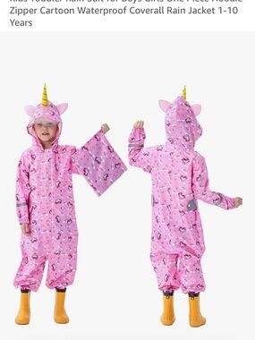 Kids' Pink Unicorn Raincoat One-Piece Rain Suit with Hood